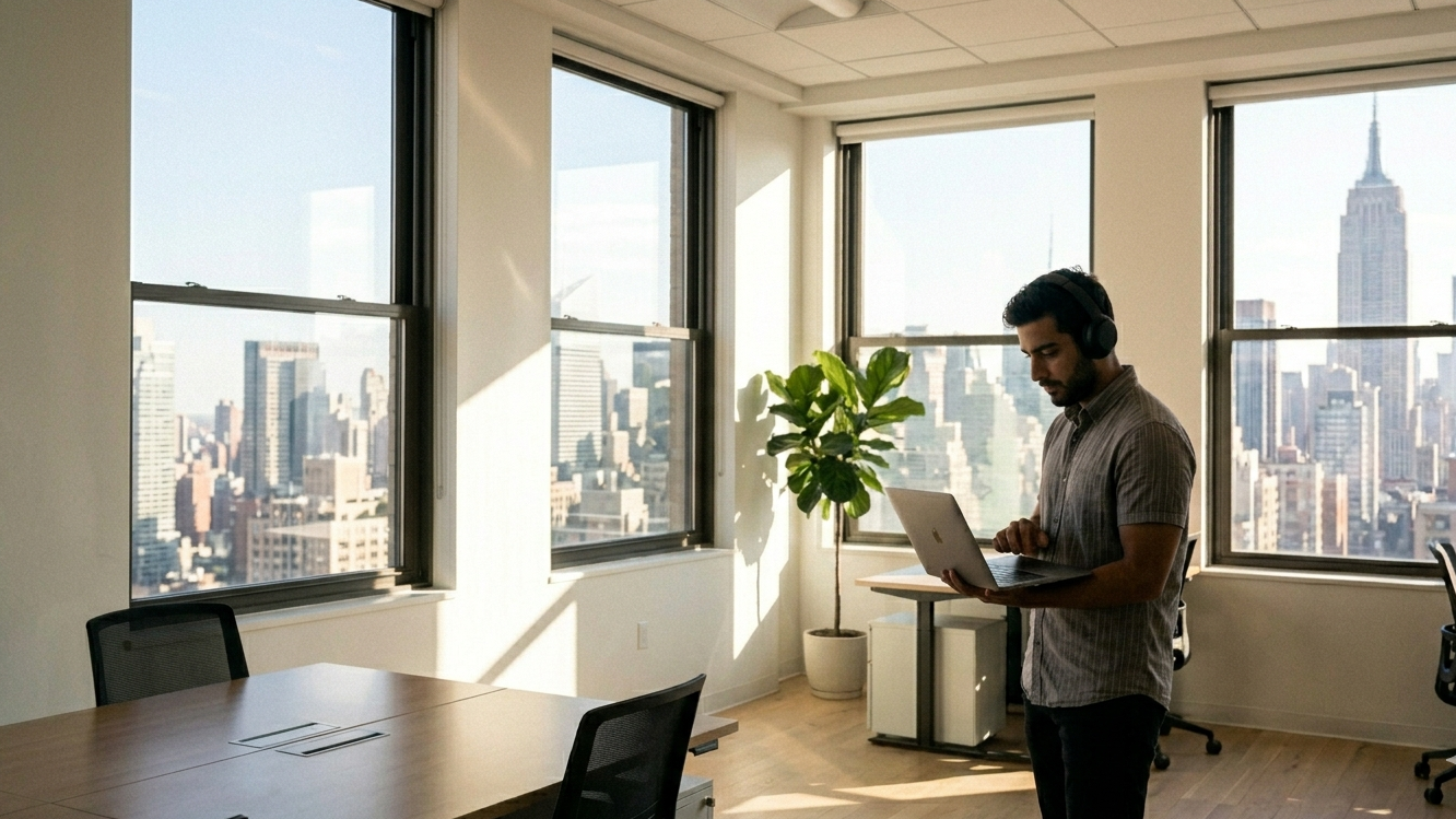 A focused professional man with headphones using a laptop in a sunlit, high-rise Manhattan office overlooking the city skyline.