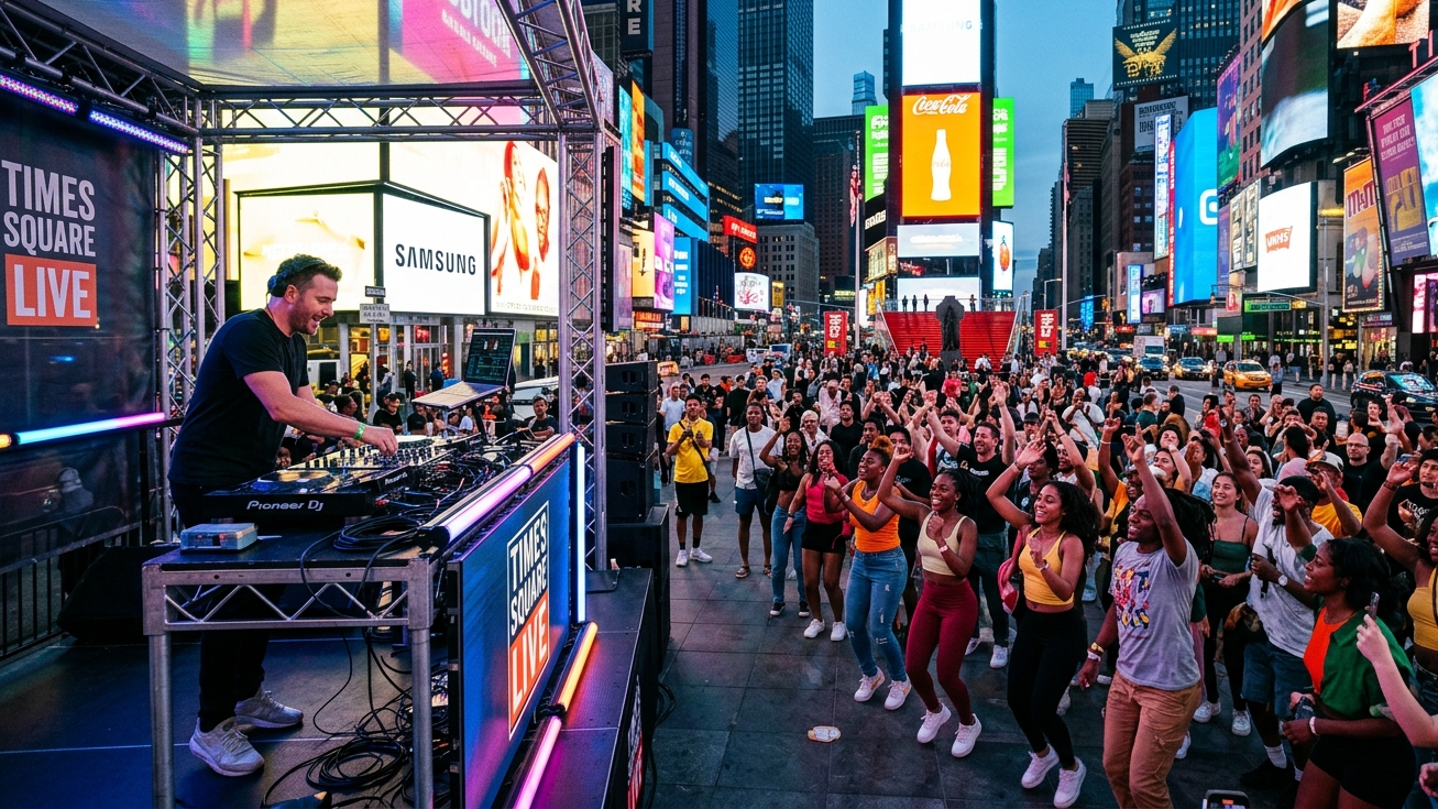 A dynamic image captured at dusk, featuring a DJ performing on a raised platform with modern equipment. The pedestrian plaza is full of people dancing and enjoying the energy, with the entire scene lit by the electric glow of the massive, unique Times Square signboards.