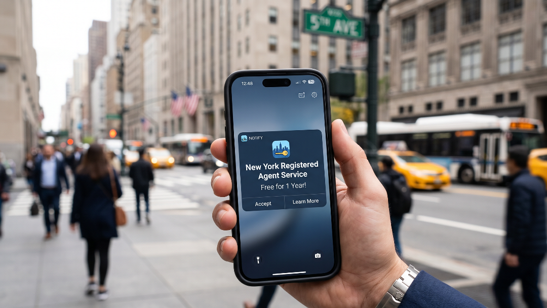A close-up shot of a modern smartphone held by a professional on a Manhattan sidewalk, showing a clear, sleek digital notification that reads Free Registered Agent Year Included.