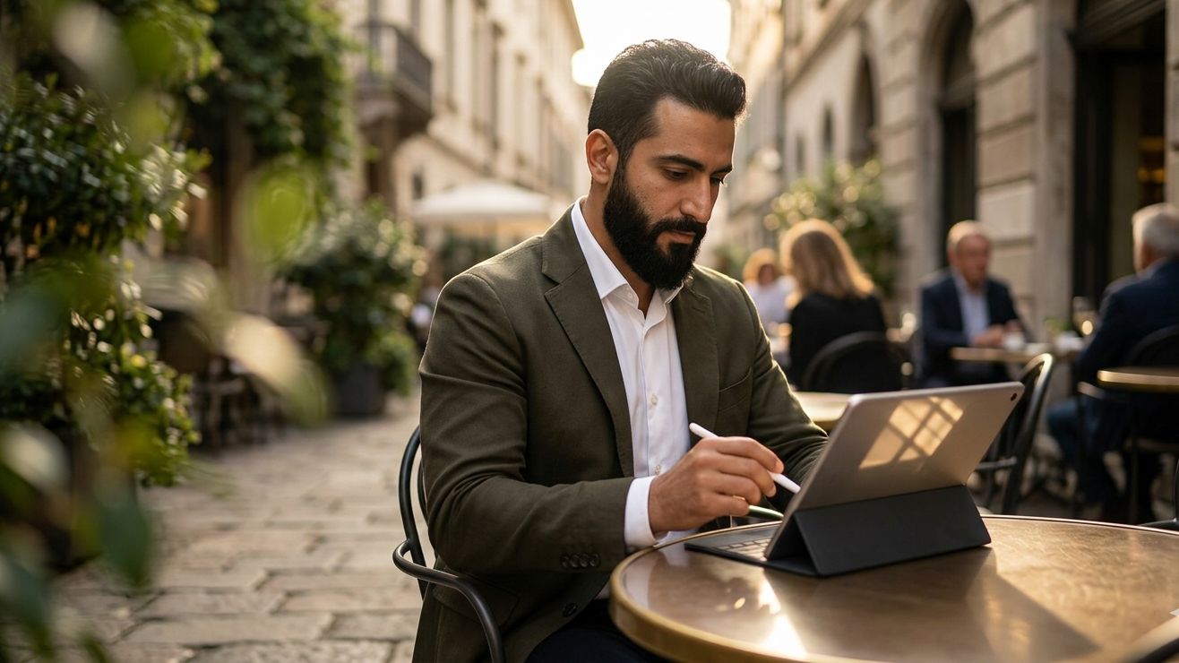 A Middle Eastern man in his mid 30s sits at a small table on a quiet European cafe terrace, working on a tablet. He is focused and professional, surrounded by warm golden hour lighting and soft blurred greenery in the background, representing the mobile leader in a remote environment.