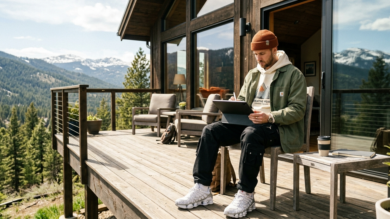 A successful professional in a creative streetwear outfit using a tablet on the deck of a mountain cabin during a business hours.