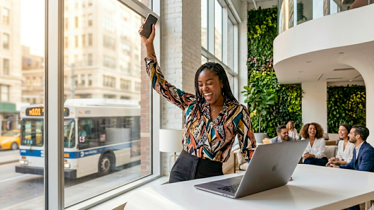 Enthusiastic female entrepreneur celebrating a business win on her phone in a sunlit loft with an M101 NYC MTA bus visible outside.