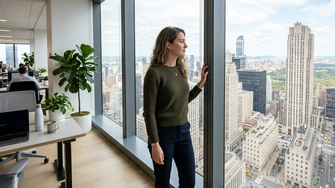 A professional in their late 20s wearing a smart casual knit sweater stands in a bright, white high rise office, looking out a large window at the expansive skyline near Rockefeller Center far below.