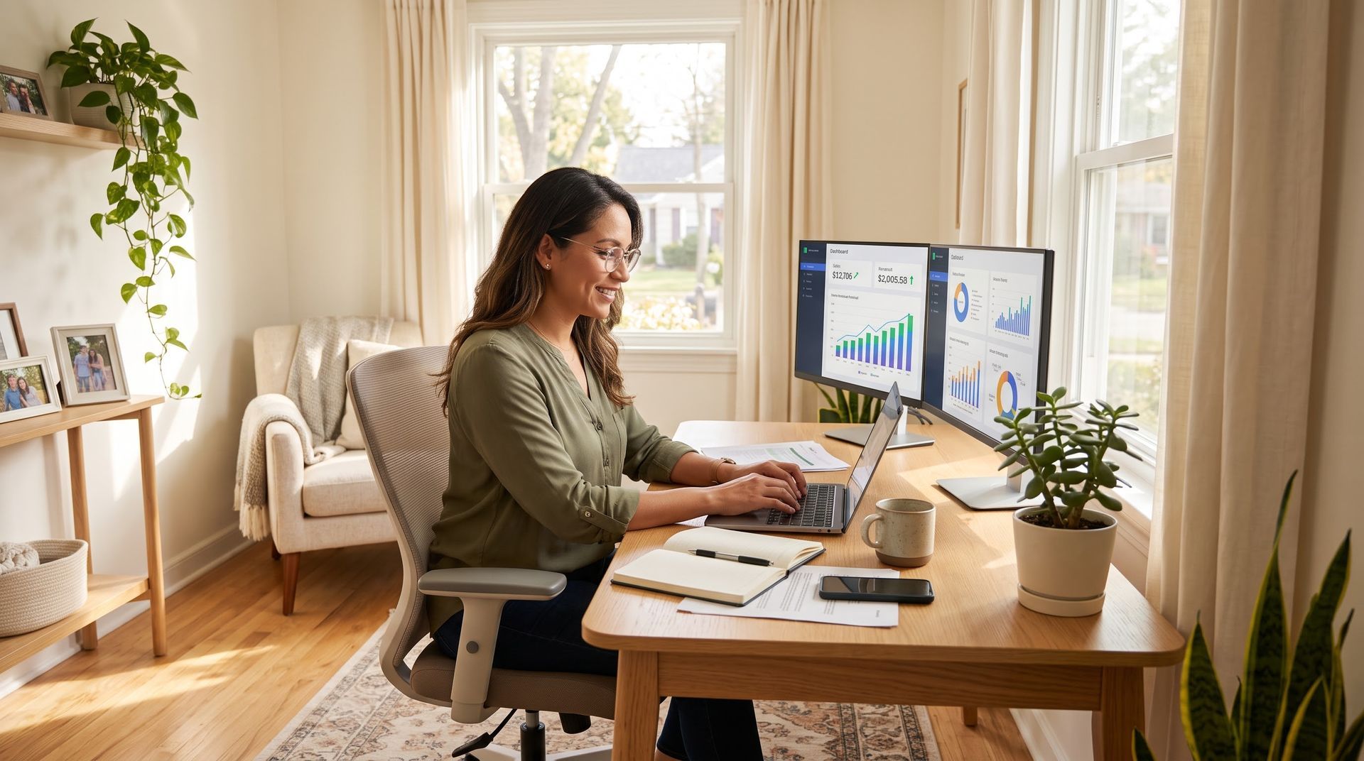 A diverse entrepreneur working successfully from a clean, sunlit remote desk setup without commercial lease costs with a Virtual Office NYC