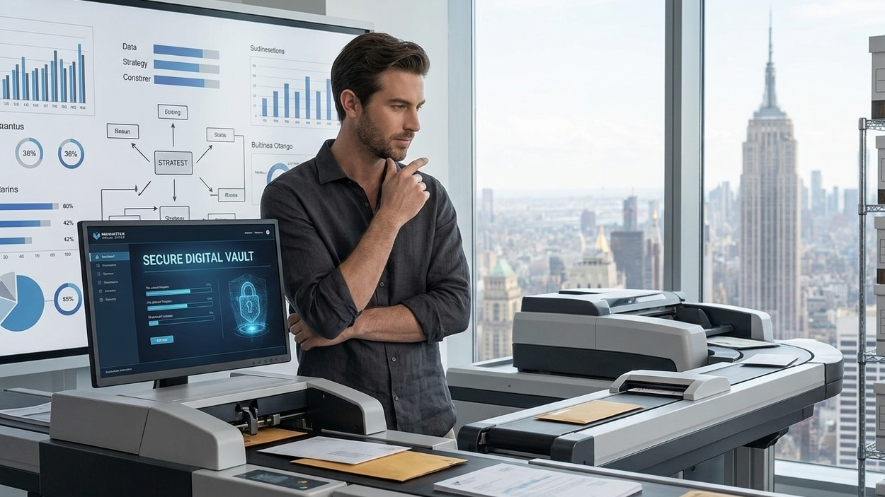 The specific travel review content creator from previous concepts, wearing a stylish, open-collar shirt. He is observing the automated scanning process in a secure Manhattan Virtual Office mail digitization facility. Multiple high-speed scanners are operating, and a close-up of a screen displays 'SECURE DIGITAL VAULT' with clear MVO branding. A view from a high floor looks towards a Manhattan city landmark far below.