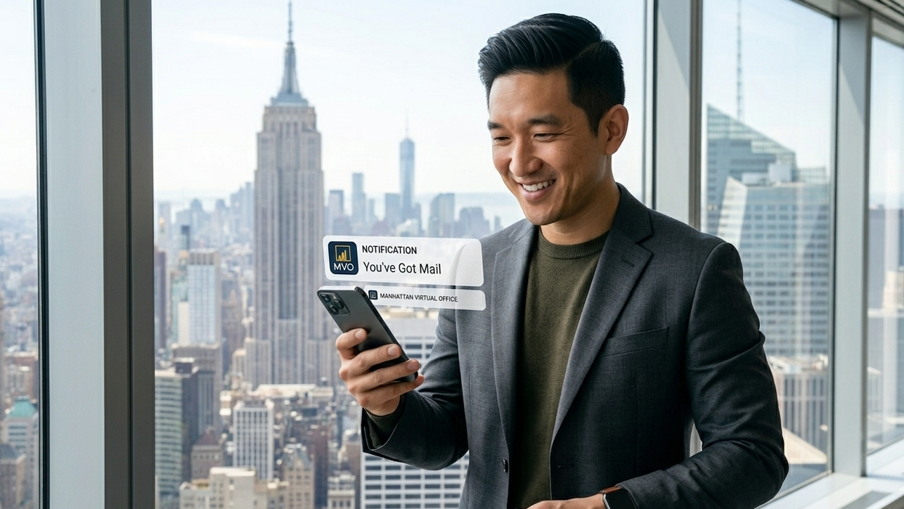 A hand holding a smartphone displaying a mail scanning app with a modern city skyline visible through a window in the background.