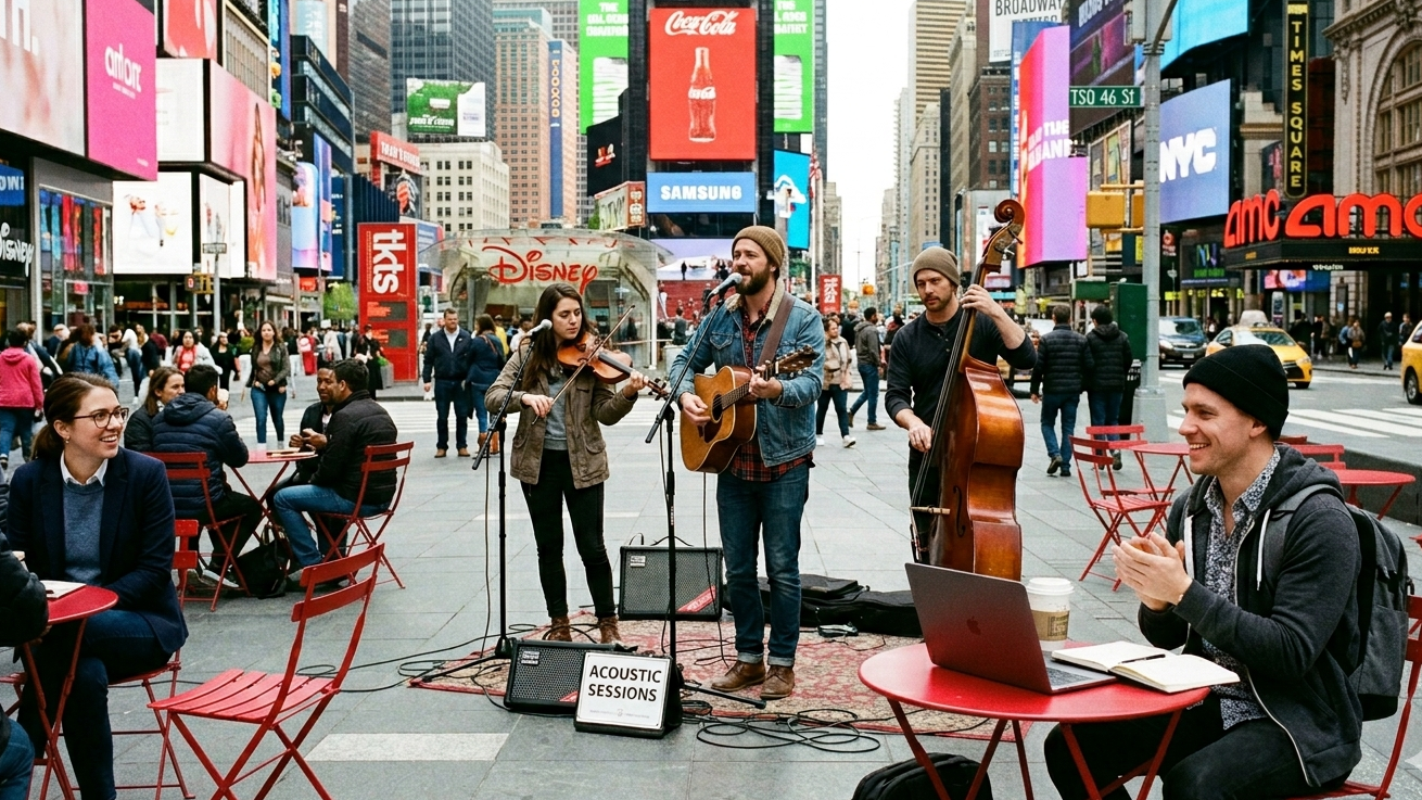 An intimate, street-level shot focusing on a small acoustic music group performing near a seating area on a Times Square plaza during midday. Several remote professionals, including one wearing modern casual layers, are seated at nearby tables, clearly enjoying the performance with iconic digital signs creating a vibrant backdrop.