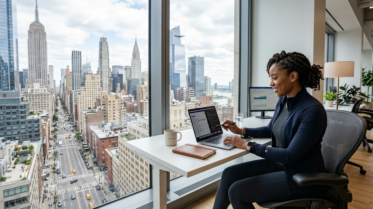 A diverse professional in premium athleisure works at a white desk in a high-floor office overlooking the streets of Manhattan.