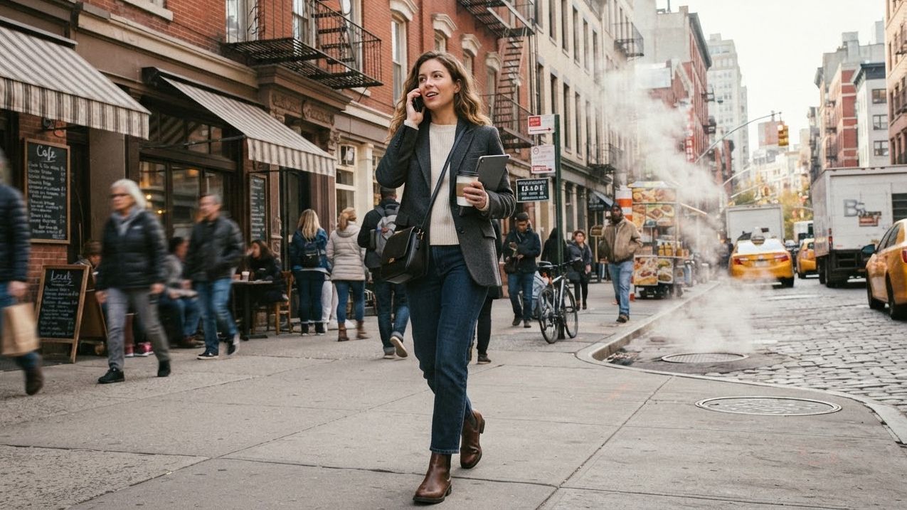 A real entrepreneur in authentic, stylish everyday clothing walking naturally past classic architecture along a bustling city street, capturing an unforced and genuine urban atmosphere.