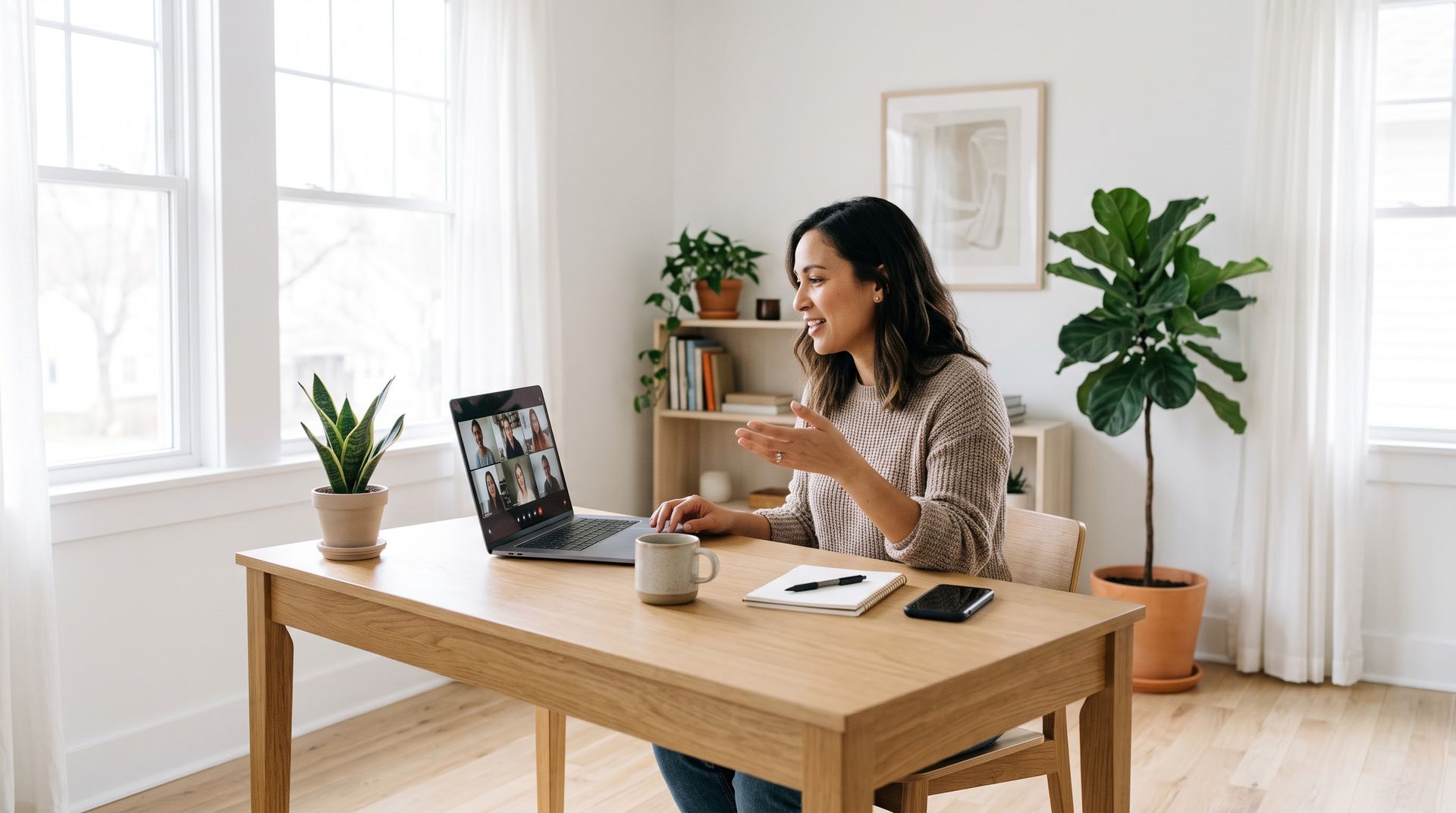 A diverse solopreneur collaborating remotely in a bright white minimalist workspace virtual office