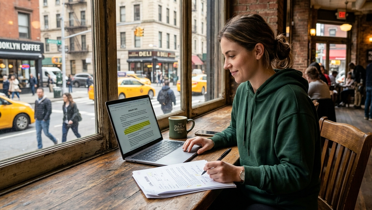 Young professional in a green hoodie reviews legal documents on a laptop at a bustling Manhattan caf