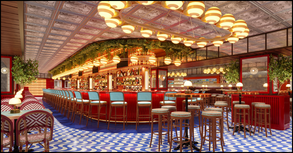 Osteria Centrale Grand Central rendering by Rockwell Group: 50-seat bar, blue wave tiles & greenery.
