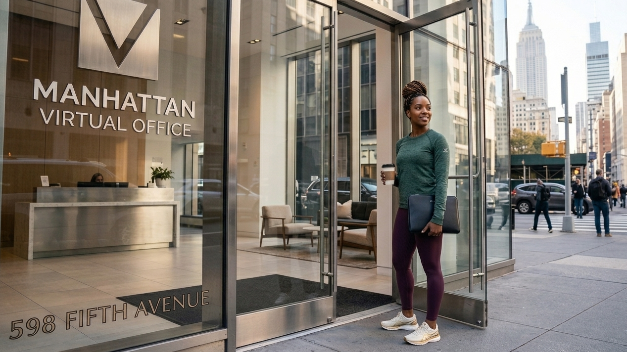 A young professional woman in smart athletic wear standing in front of the glass entrance of Manhattan Virtual Office at 598 Fifth Avenue. The building exterior features professional signage and the Empire State Building is visible in the background, showing a prestigious New York City business identity.