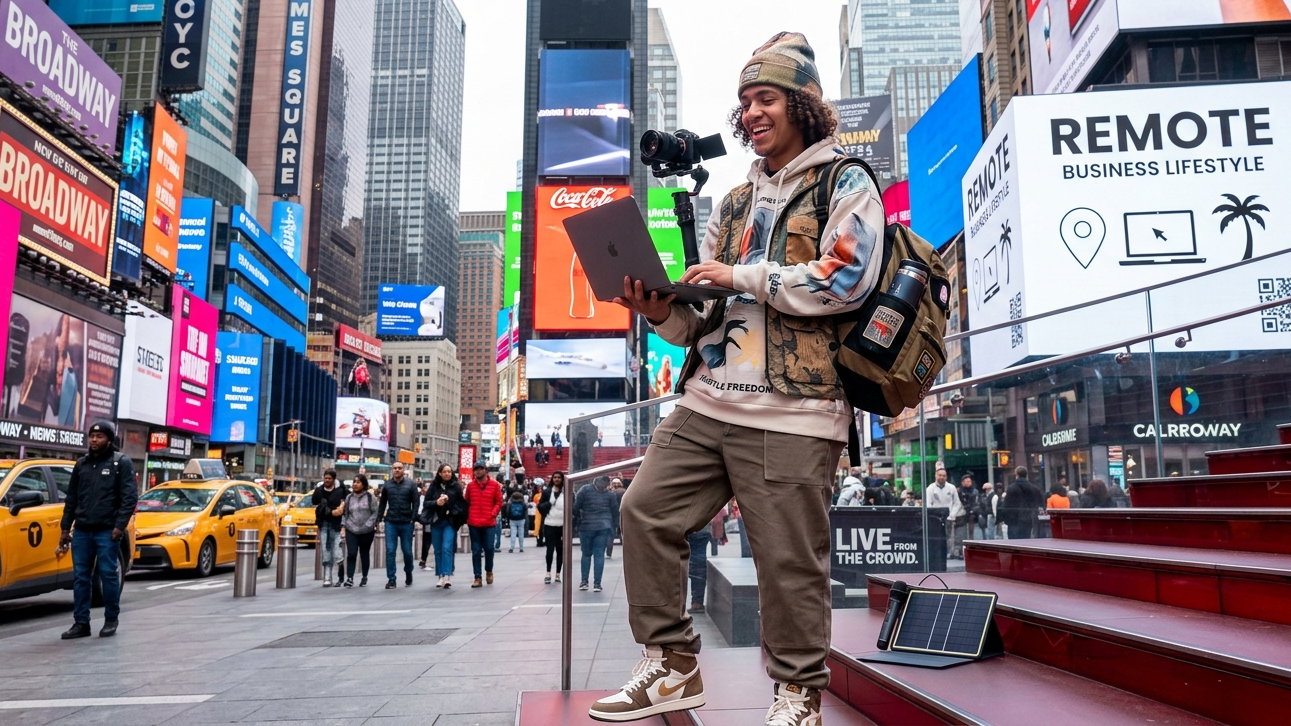 A confident entrepreneur in creative streetwear creates content from times square, showcasing the freedom of a remote business lifestyle.