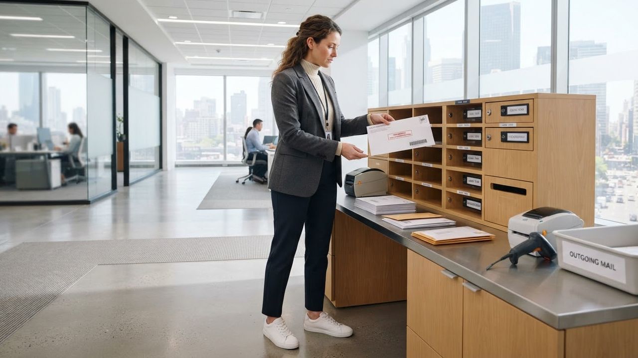 A focused support team member dressed in contemporary smart-casual style organizing secure mail correspondence in a pristine, bright commercial office environment.