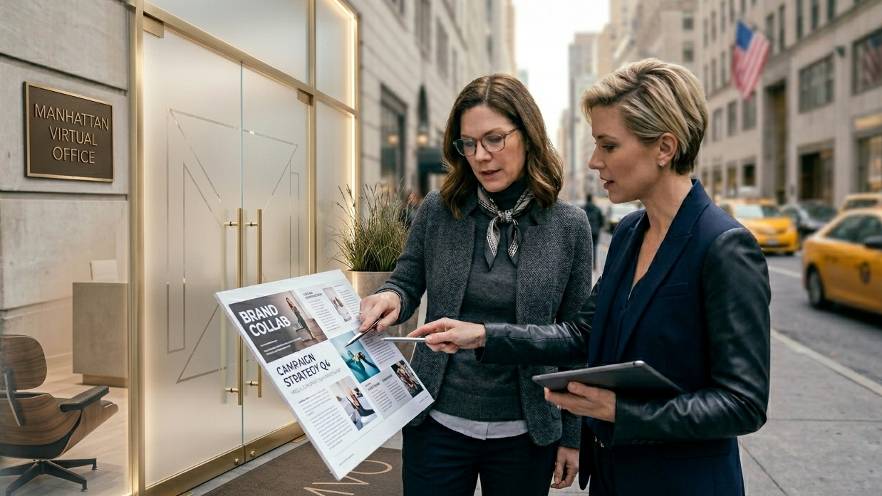 A public relations strategist in their 30s wearing a modern tailored smart casual jacket collaborates with a brand partner outside a historic New York landmark building, reviewing a media campaign layout.
