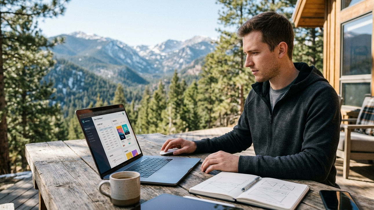 Graphic designer in athleisure works on a laptop at a rustic mountain cabin, managing clients.
