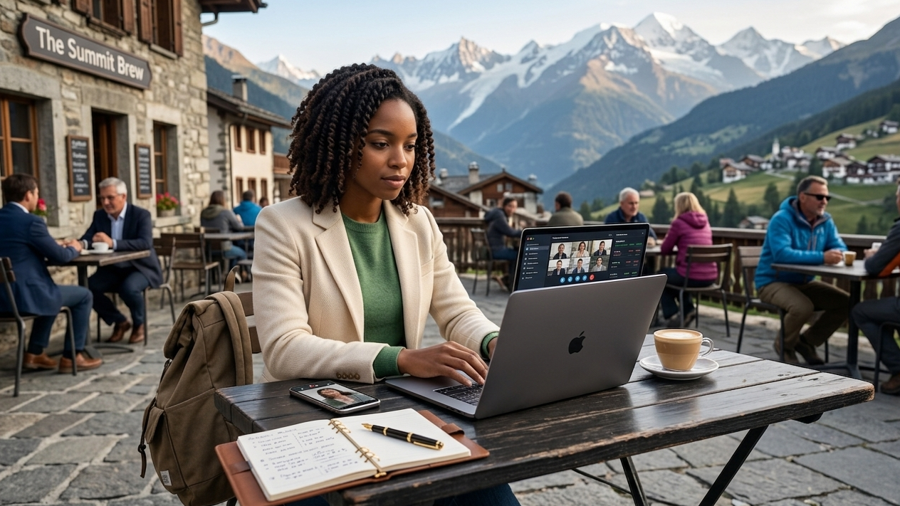 A professional woman with dark braided hair wearing a smart-casual blazer working on a laptop at a rustic outdoor cafe called The Summit Brew. The background features a stunning panorama of snow-capped mountains and a valley village, representing the freedom of a mobile entrepreneur.