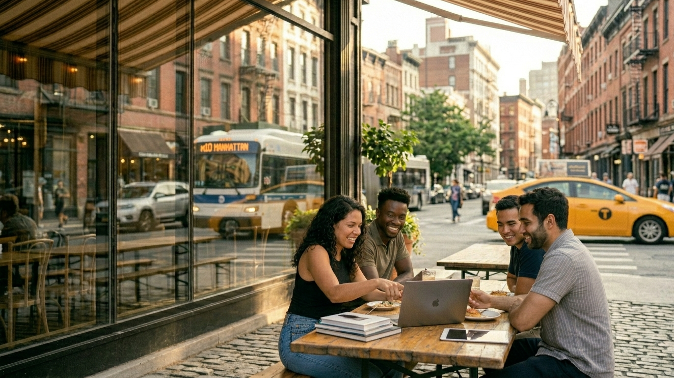 A diverse group of four young professionals collaborating on laptops and tablets at a bustling Manhattan sidewalk cafe with a yellow Tesla taxi and M10 bus in the background.