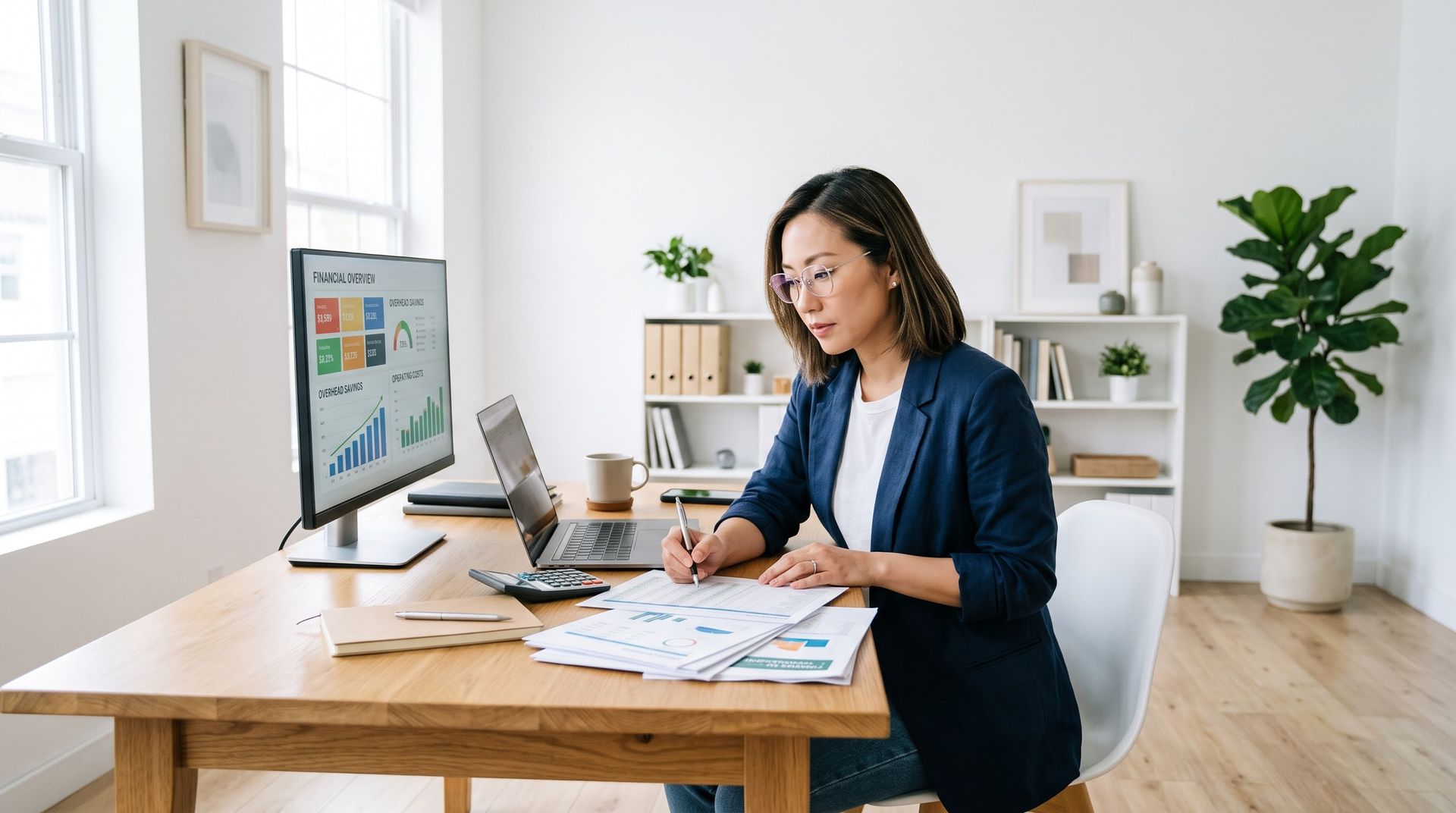 An independent founder reviewing comprehensive financial and overhead savings with a virtual office.