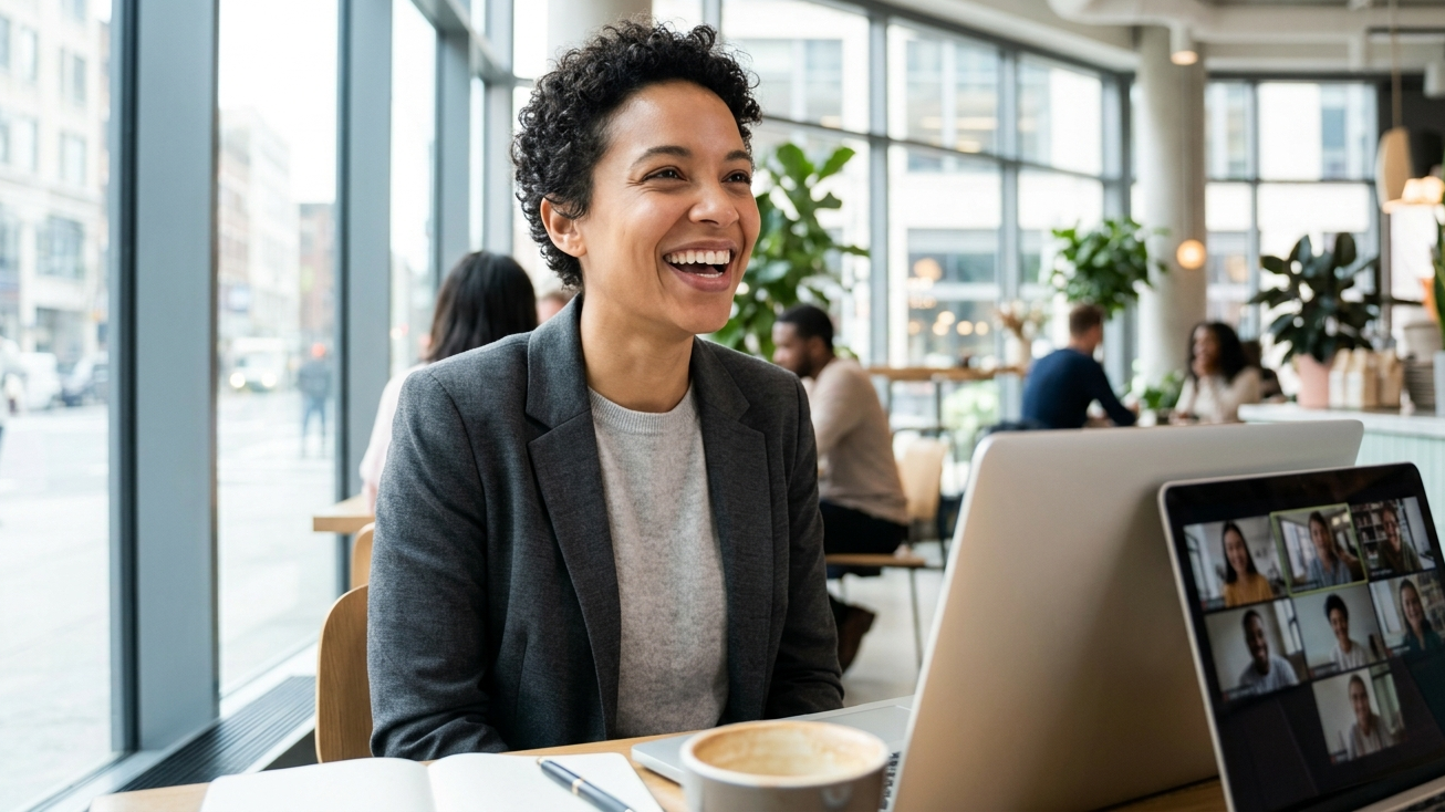 A diverse professional wearing a smart-casual blazer and a cashmere shirt, laughing while on a video call in a bright, modern cafe with large windows.