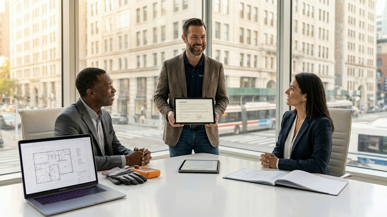 A solo consultant presenting strategy on a tablet to corporate executives in a prestigious Manhattan