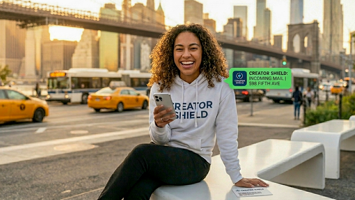 A content creator on a park bench at golden hour holding a smartphone with a green notification reading CREATOR SHIELD: INCOMING MAIL | 598 FIFTH AVE.