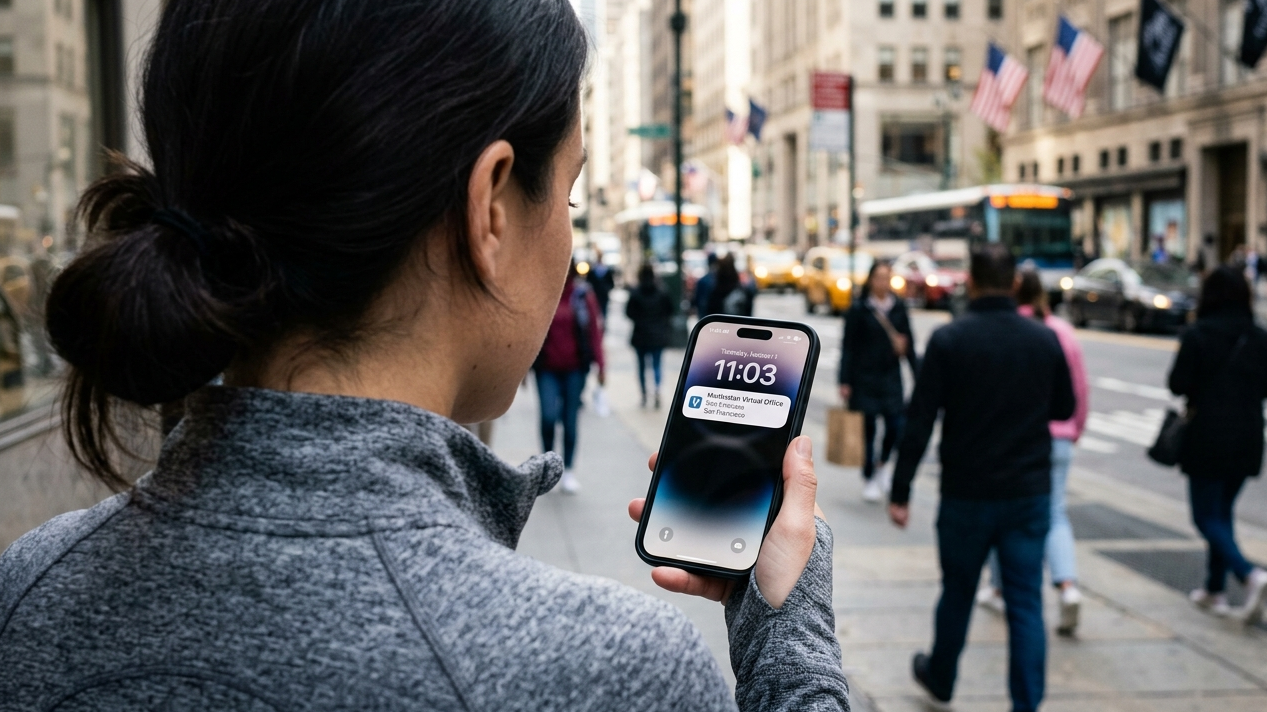 A close up shot of a person wearing a premium athleisure jacket holding a smartphone displaying a sleek, modern notification from Manhattan Virtual Office on a busy city sidewalk.