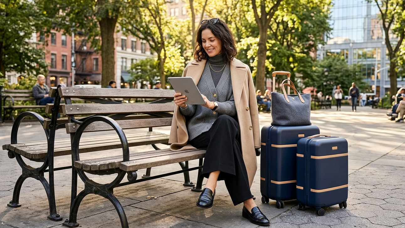 A woman in her 40s with a stylish, layered wardrobe sitting on a park bench with her luggage nearby, comfortably checking her tablet in a sun-drenched urban park.