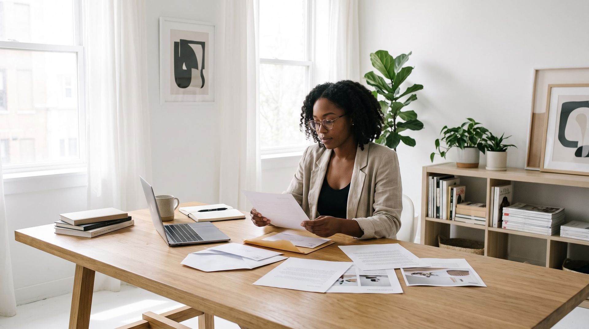 A creative professional reviewing mail and documents forwarded from her virtual office nyc