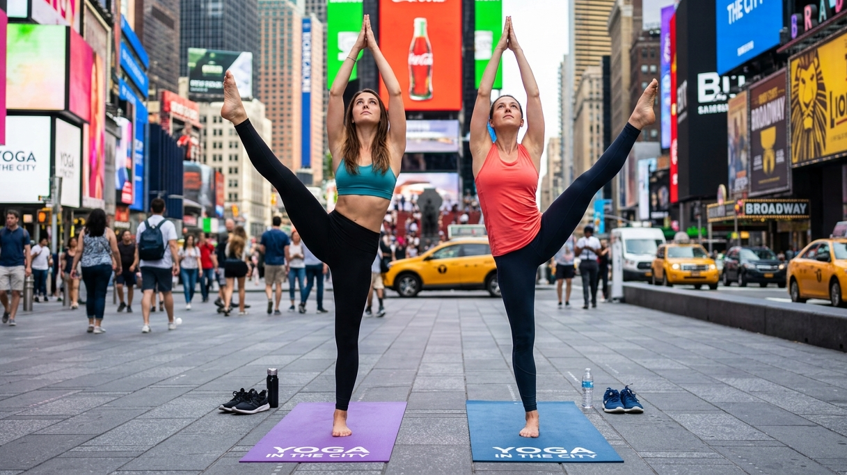 Ground-level daytime photo: two yogis on mats in a plaza, holding a symmetrical balancing pose, Midt