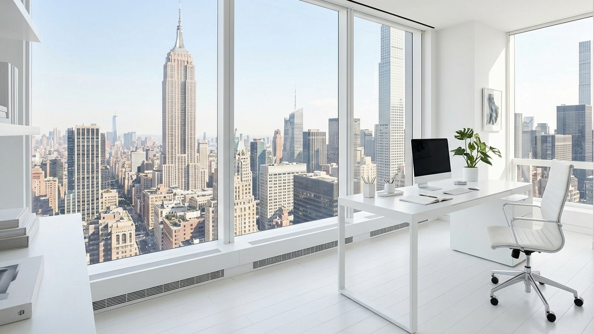 A bright, all-white workspace on a high floor with a wide window looking down onto the historic architecture and busy traffic of Fifth Avenue.