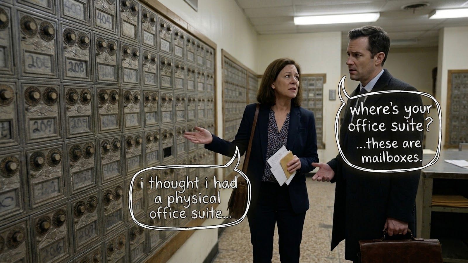 A professional woman and a skeptical client stand in a room filled with a wall of vintage brass mailboxes. Speech bubbles depict the client pointing out they are only looking at mailboxes rather than a real workspace, while the woman expresses disappointment as she realizes she thought she had rented a physical office suite, perfectly illustrating the deceptive marketing tactics often used by basic mailbox rental services posing as legitimate virtual offices.