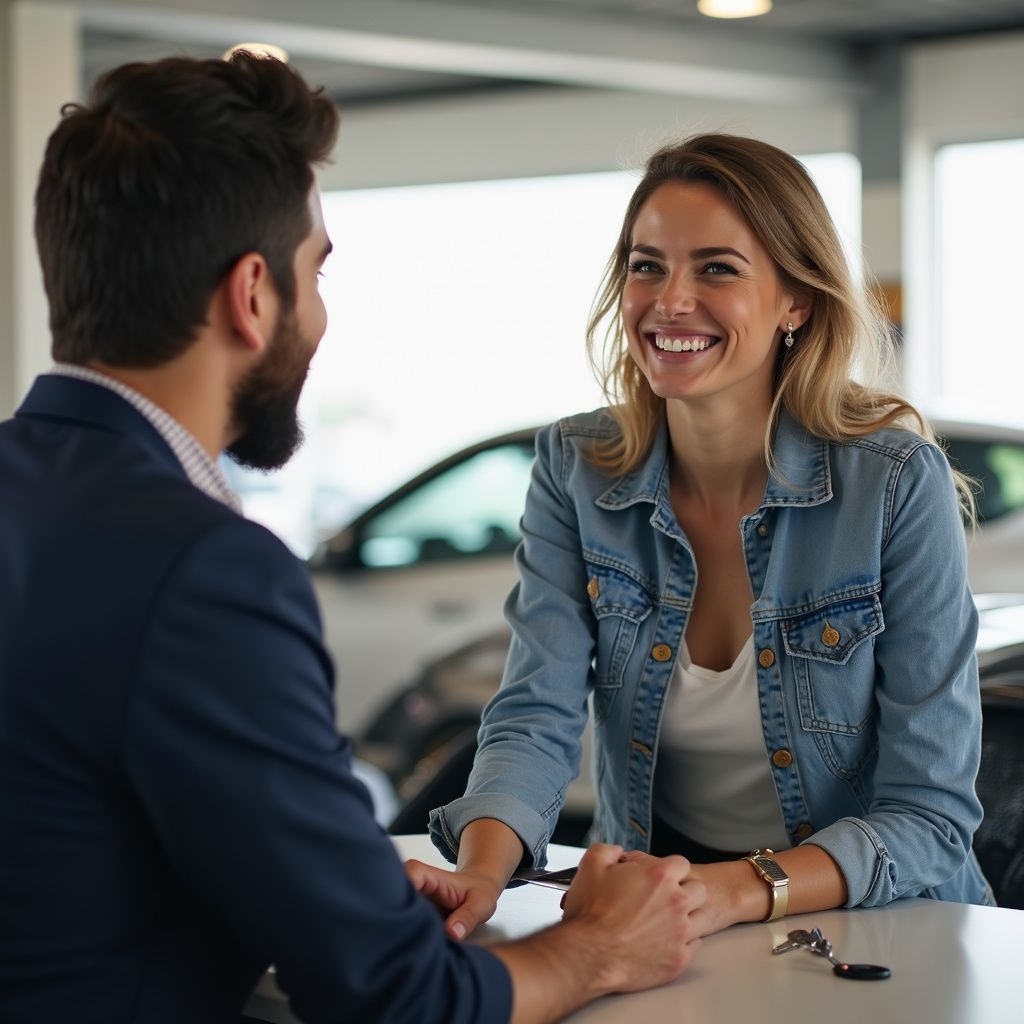 A woman smiles at a man across a desk in a car dealership. Keys are on the table.