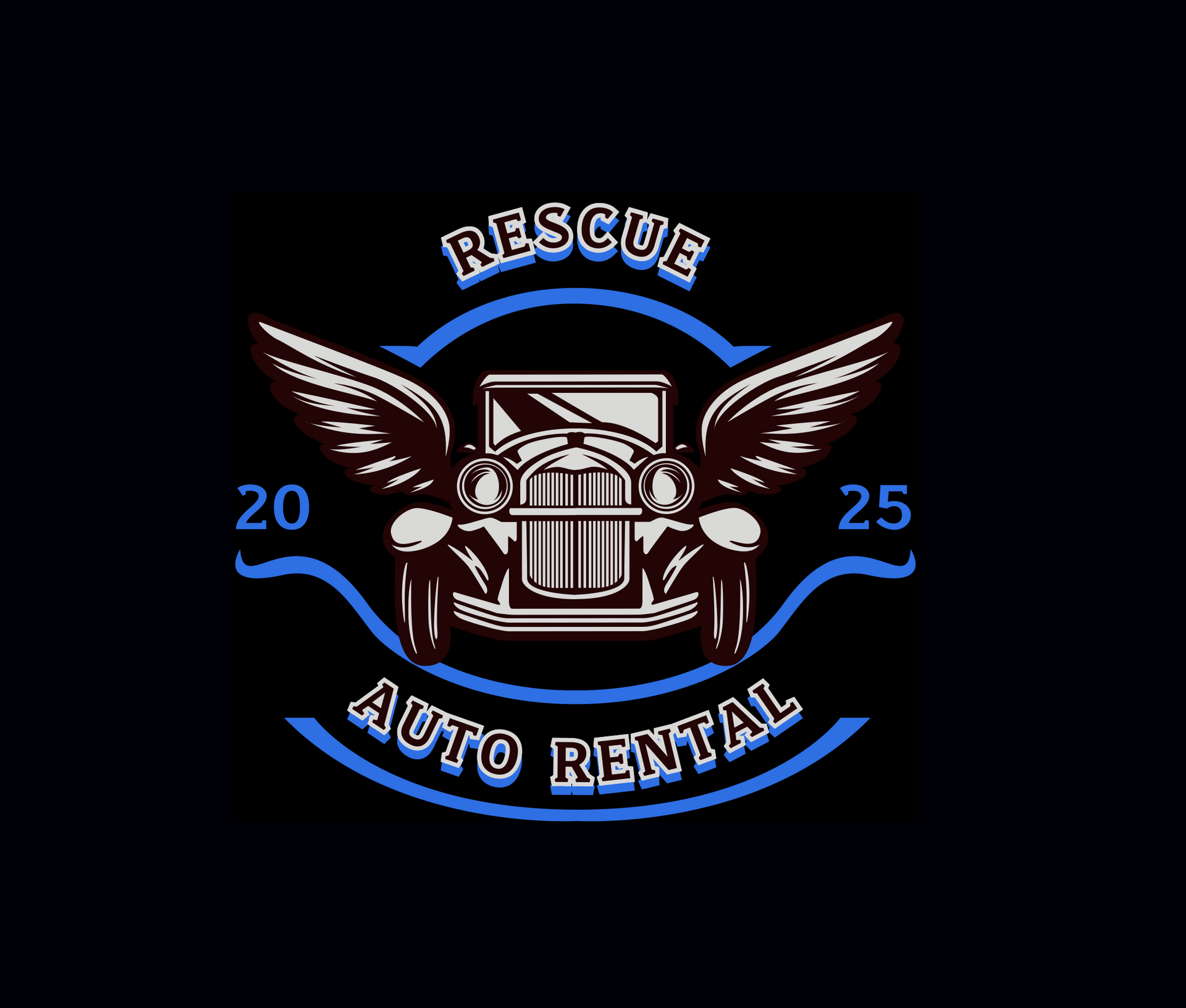 Logo for Rescue Auto Rental: Vintage car with wings, blue text on black background.