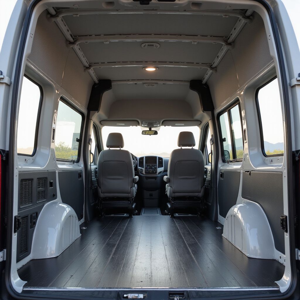 Interior view of a cargo van with the front seats visible; gray, black, and white colors; empty cargo space.