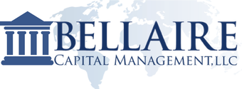 Logo for Bellaire Capital Management, LLC featuring a dark blue pillar icon overlaid on a light blue world map.