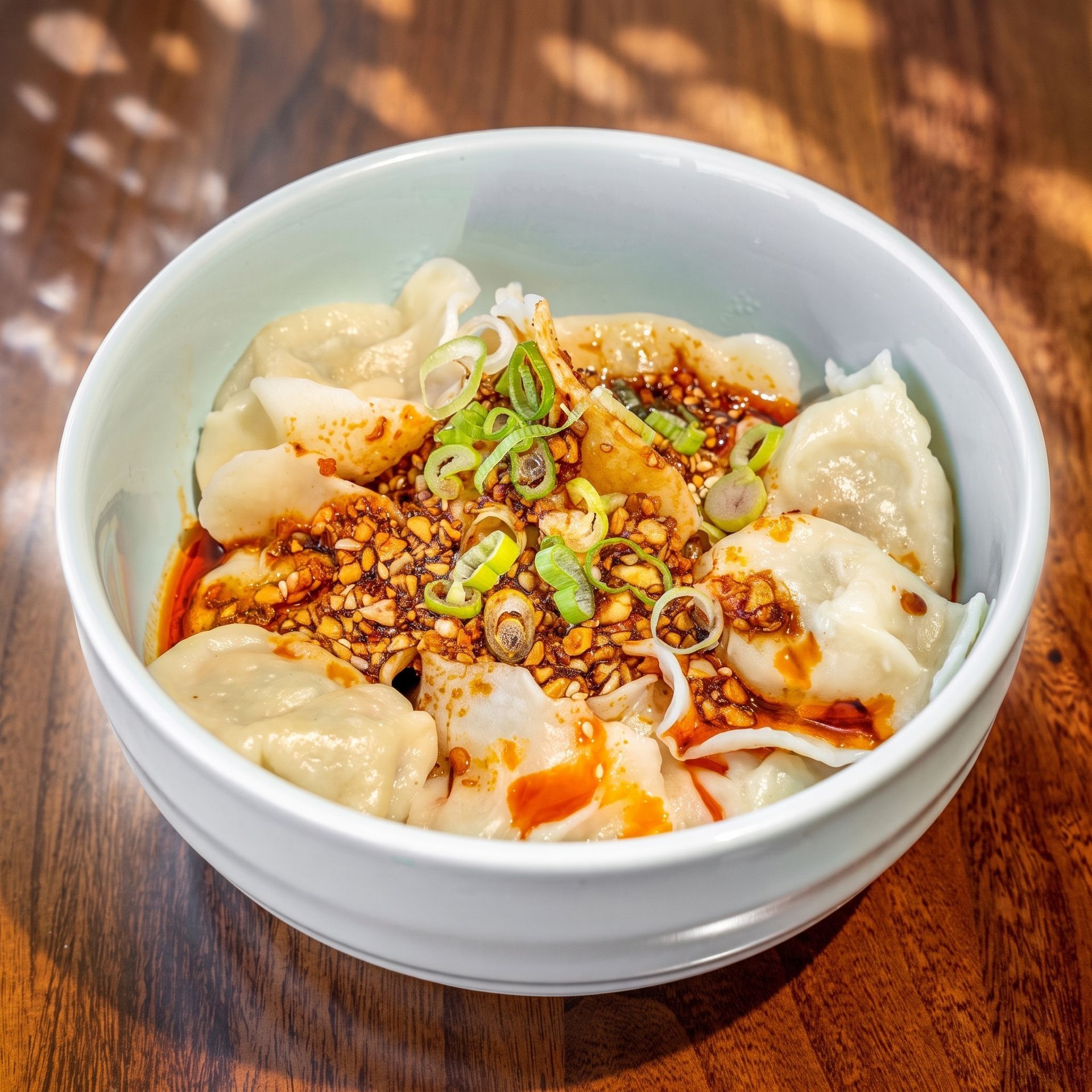 Bowl of dumplings in chili oil, topped with scallions and crispy garlic on a wooden table