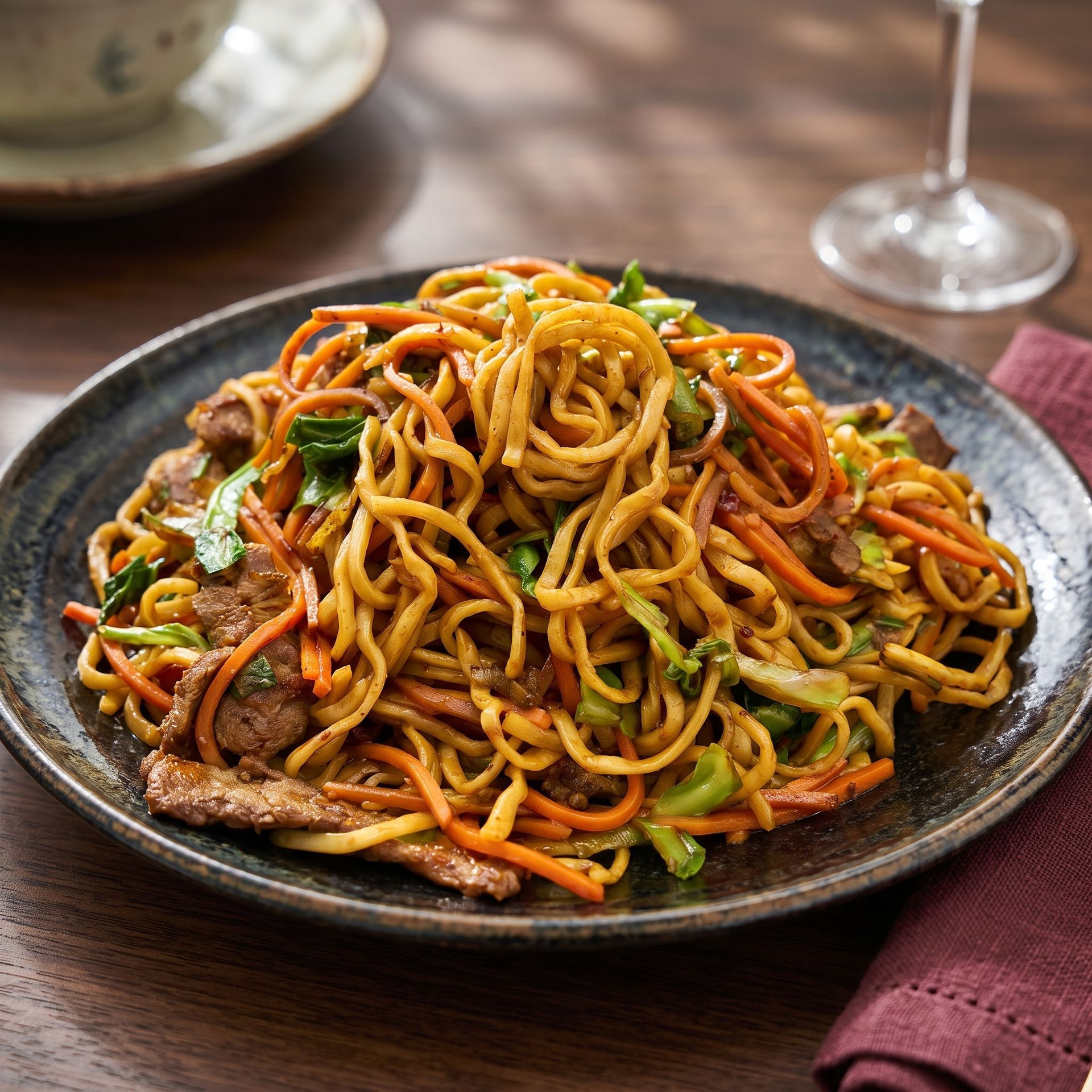 Plate of stir-fried noodles with vegetables and meat on a gray dish, served on a table