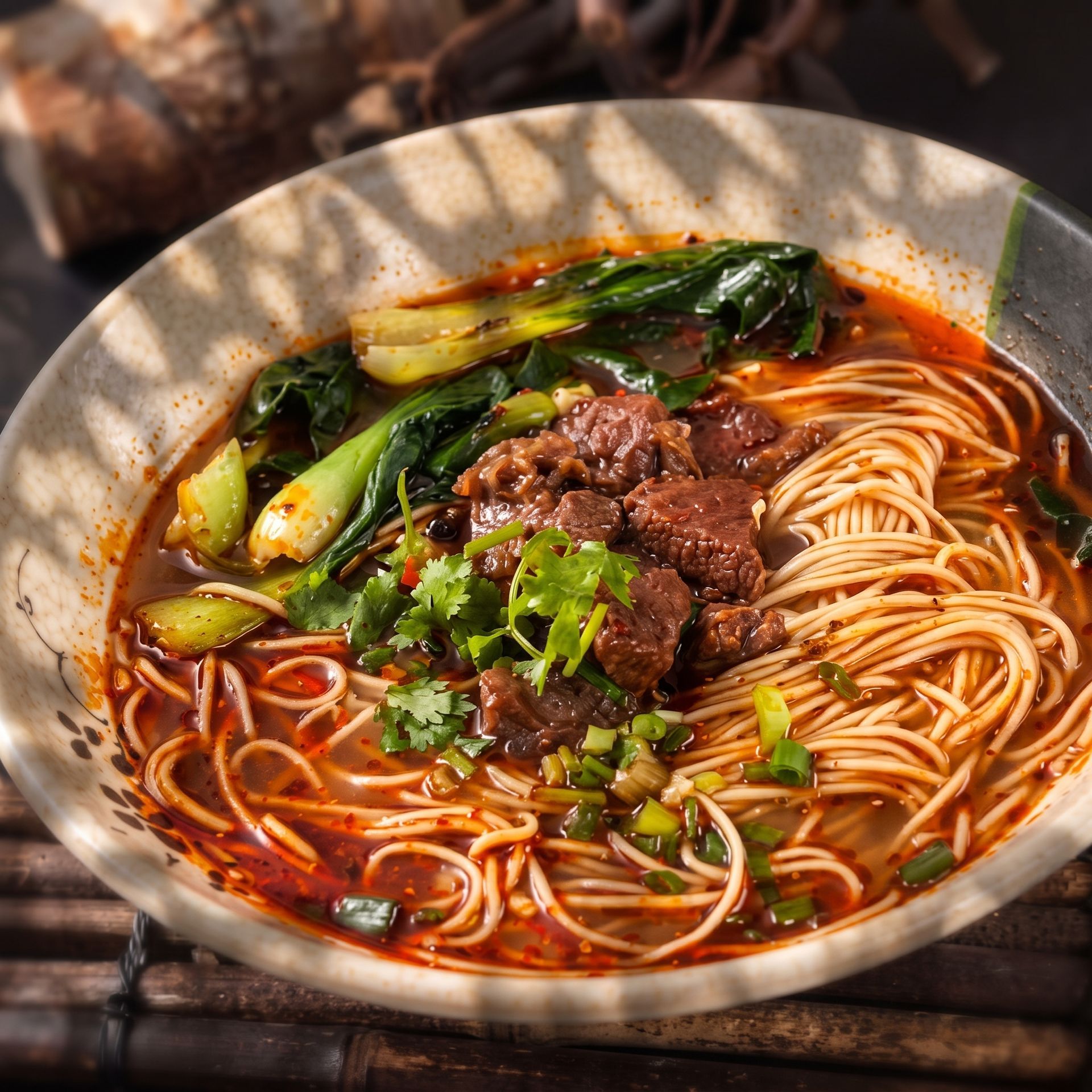 Bowl of spicy noodle soup with beef, greens, and red chili broth on a wooden table