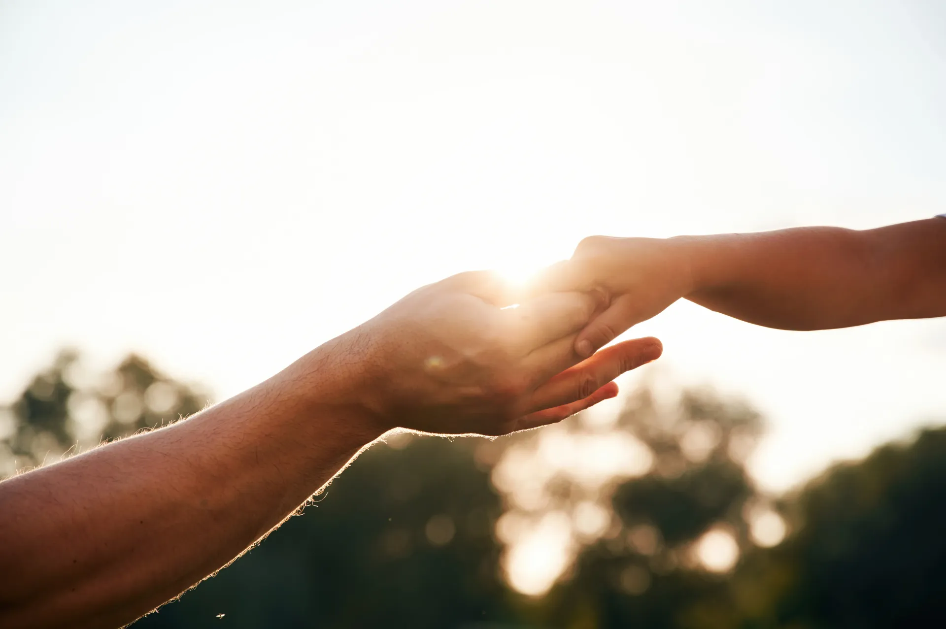 Two hands reaching towards each other, backlit by the sun.