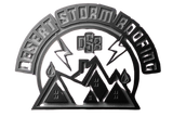 Black-and-white logo of three tents under lightning, with arched text reading “Desert Storm Roofing.”