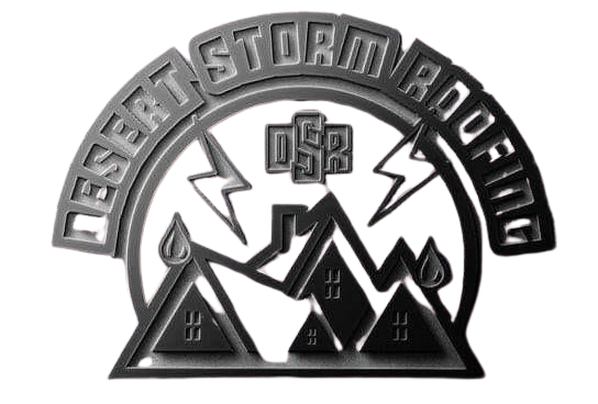Black-and-white logo of three tents under lightning, with arched text reading &ldquo;Desert Storm Roofing.&rdquo;