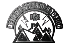 Black-and-white logo of three tents under lightning, with arched text reading &ldquo;Desert Storm Roofing.&rdquo;