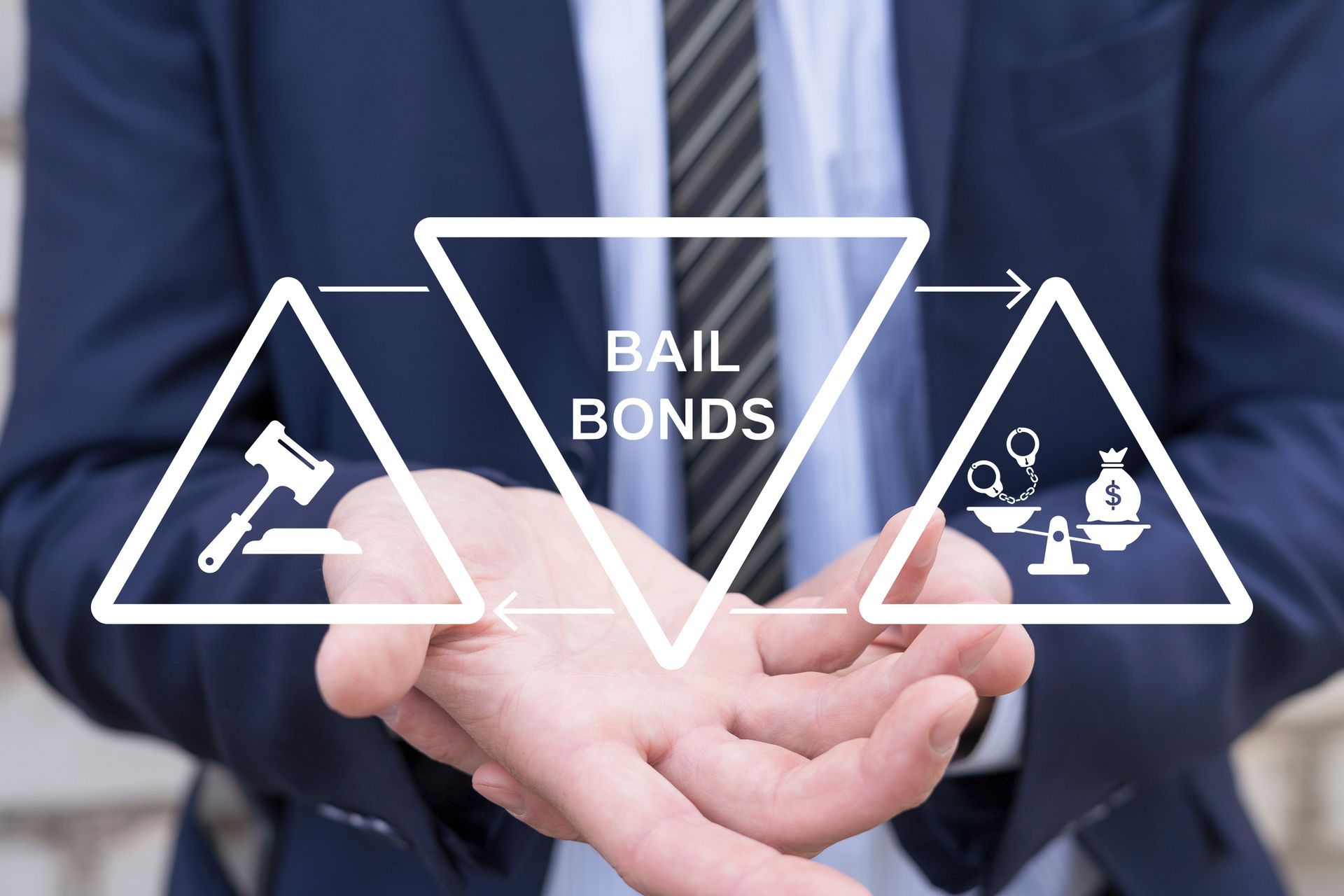 Businessperson holding hands with “Bail Bonds” icons over a suit background