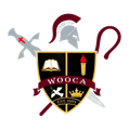 WOCA shield logo with open book, torch, crossed swords, gray helmet, and maroon whip on white background