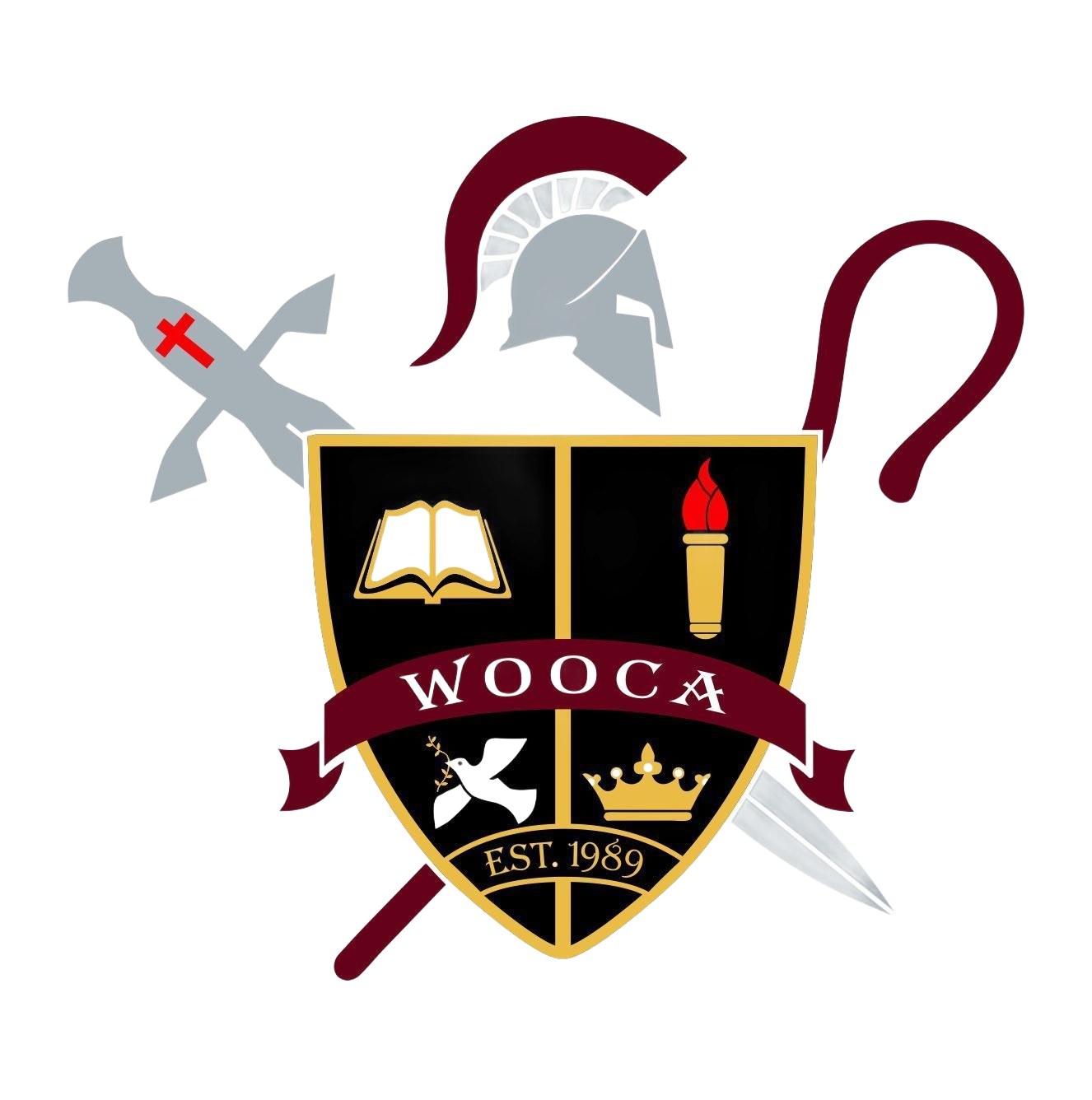 WOCA shield logo with open book, torch, crossed swords, gray helmet, and maroon whip on white background