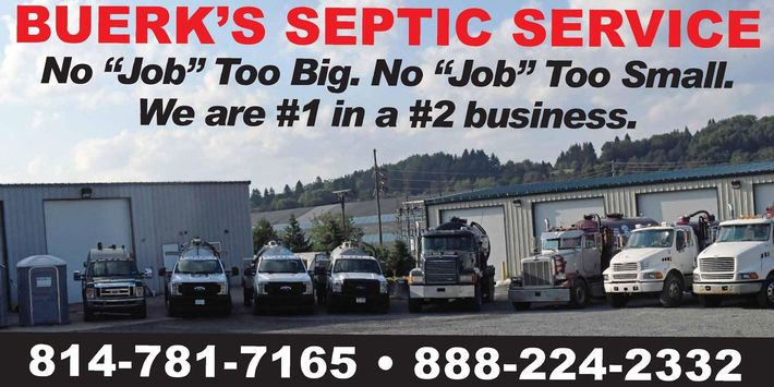 Advertisement for Buerk's Septic Service, showing trucks and phone numbers: 814-781-7165 and 888-224-2332.