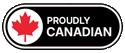 A proudly canadian logo with a maple leaf on it.