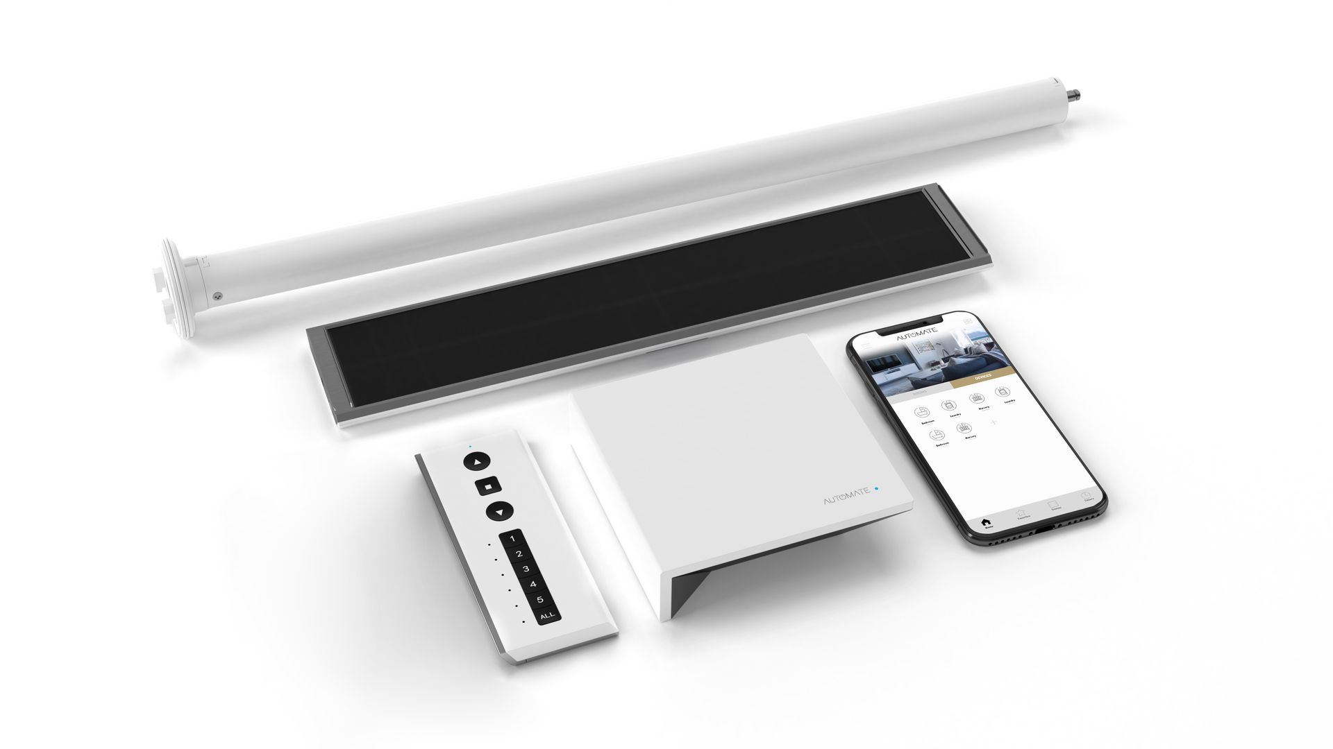 A smart window shade system with control components: remote, receiver, app on phone, and a long, white motor housing.